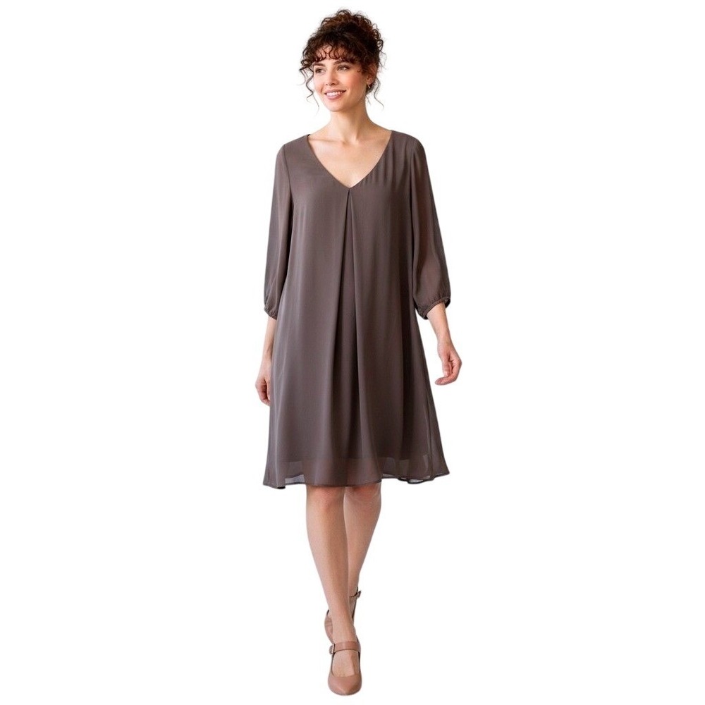 Mittoshop Tab Sleeve V-Neck Shift Dress Small Taupe Brown Minimalist Classic